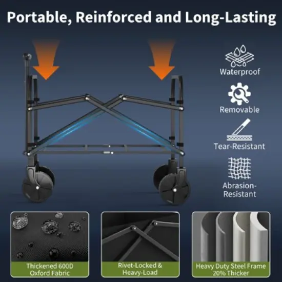 Acekool Foldable Utility Wagon Cart, 240lb Capacity, All-Terrain Wheels, Adjustable Handle, Collapsible Outdoor Cart for Shopping & Camping image {4}