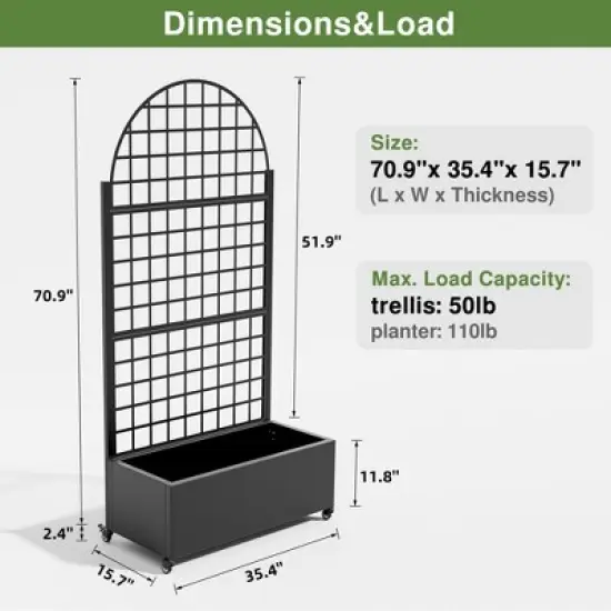 PexFix 71" x 35.4" Tall Wrought Iron Garden Arched Trellis with Planter Box Black Outdoor Plant Support for Climbing Flowers Vines Patio Yard Decor image {3}