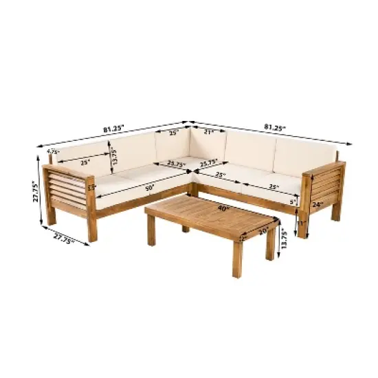 Christopher Knight Home Percy Patio Acacia Wood L Shape Upholstered 5-Seater Sectional Sofa Set with Coffee Table image {2}
