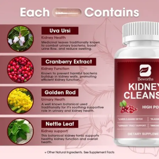 B Beworth Kidney Health Supplement with Cranberry Extract - for Cleanse, Detox & Repair - 120 Ct image {4}