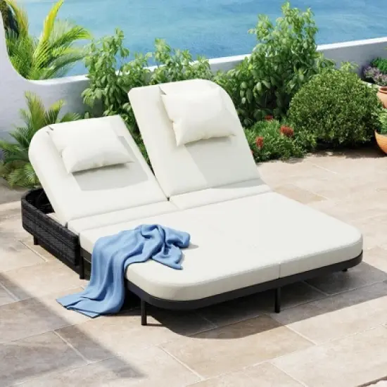 Outdoor Daybed Sunbed, Patio Rattan Loveseat Chaise Lounge with Adjustable Backrest and Cushions for Garden, Backyard -ModernLuxe image {1}