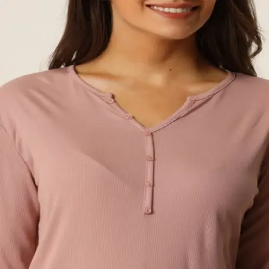 cheibear Womens Casual V Neck Ribbed Pullover Long Sleeve Sleepwear Tops image {4}