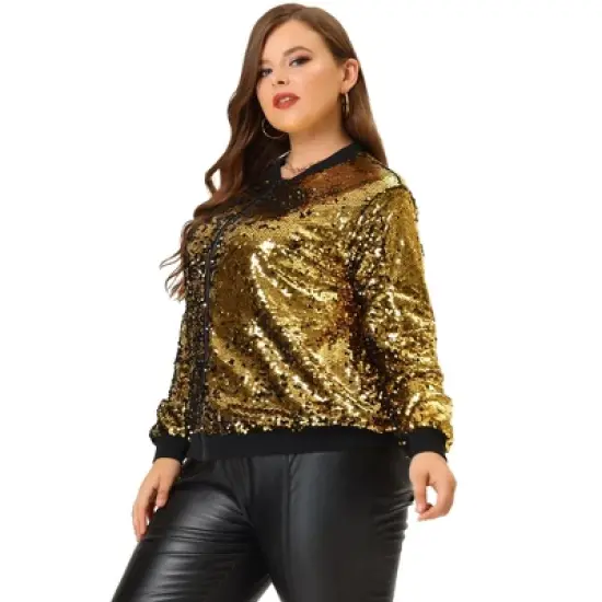 Agnes Orinda Women's Plus Size Party Metallic Sequin Sparkle Zip Bomber Jackets image {2}
