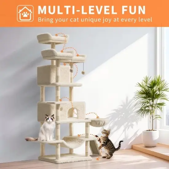 68.5in Tall Indoor Cat Tree for Large Cats, Upgraded Heavy Duty Cat Tower with Scratching Posts/Condo/Plush Perches/Hammocks/Dangling Balls image {8}