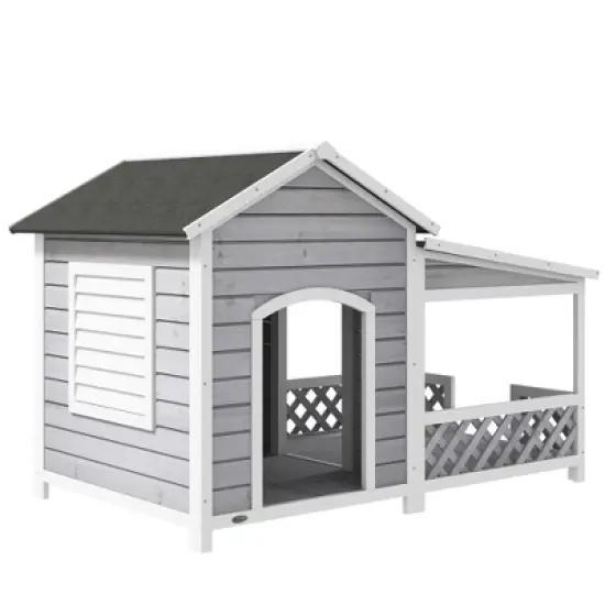 PawHut Wooden Dog House Outdoor with Porch, Raised Dog Shelter with Asphalt Roof, Doors and Shutter Window, for Medium Large Sized Dog, Light Gray image {6}