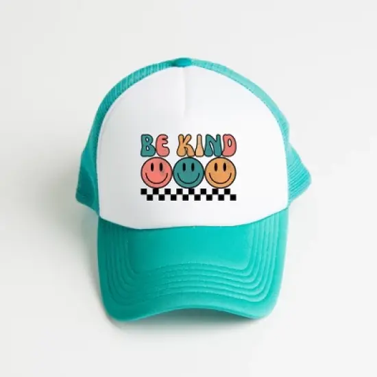 Simply Sage Market + Adult One Size Fits Most + Checkered Be Kind Smiley Face + Foam Trucker Hat + White/Teal image {1}