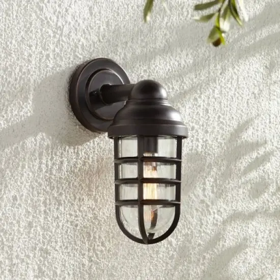 John Timberland Marlowe Industrial Outdoor Wall Light Fixture Galvanized Metal Cage 13 1/4" Clear Glass for Post Exterior Barn Deck House Porch Yard image {1}