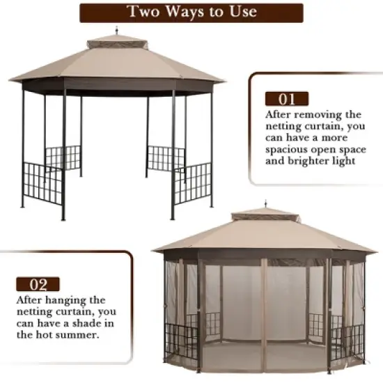 Costway 10' x 12' Octagonal Patio Gazebo Canopy Shelter Double Top W/Netting Sidewalls image {7}