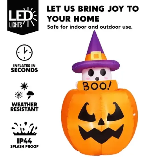 Joyfy 5FT Halloween Inflatables Outdoor Decorations, Animated Inflatable Ghost on Pumpkin with LEDs for Halloween Outdoor Yard Lawn Garden Decoration image {1}