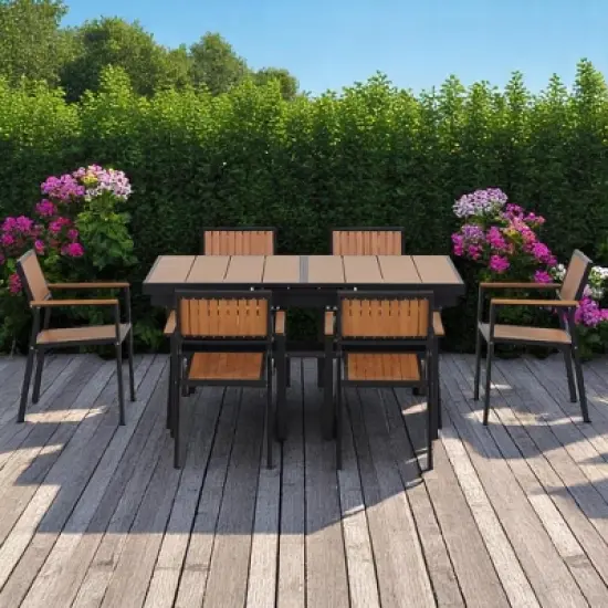 Outdoor Dining Set - Extendable Table (62.9" to 82.6") with 6 Chairs, Plastic Wood & Iron Frame, Flexible Layout for Backyard, Patio, and Garden Use image {7}