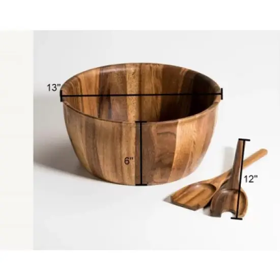 Kalmar Home Natural Acacia Wood Salad Bowl Set with Servers &ndash; Extra Large 13"x 6" Wide  Bowl for Entertaining image {2}