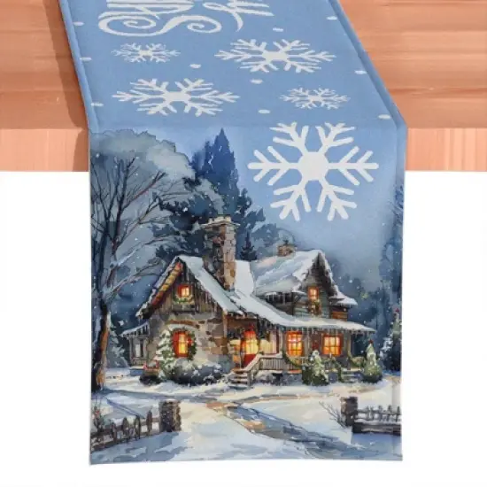 Gracefully Artful Winter Cabin 72" Table Runner, Merry Christmas Blue Rectangle Tablecloth with Snowflakes| OrnamentallyYou image {2}