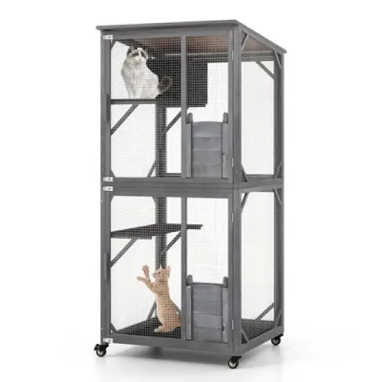 Tangkula Wooden Cat House 72" Indoor Outdoor Kitten Enclosure Kennel Condo on Wheels Grey image {10}