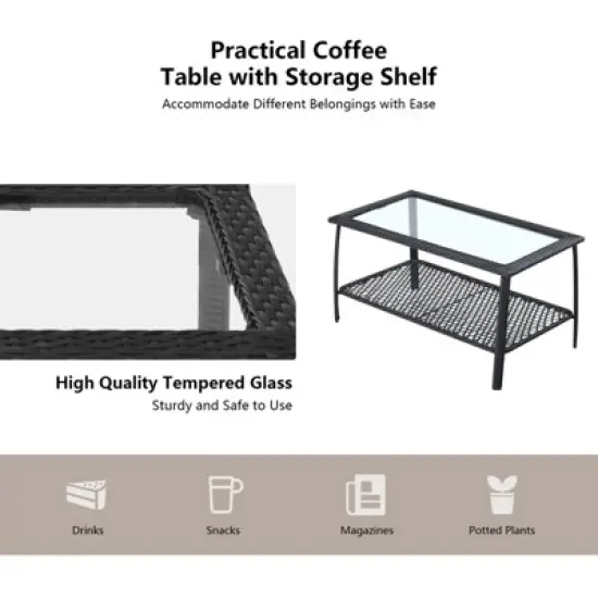 Tangkula 4PCS Patio Rattan Furniture Set Outdoor Conversation Set w/Tempered Glass Coffee Table Beige image {7}