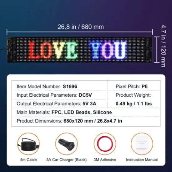 VEVOR Programmable Sign, P6 Full Color Scrolling Panel, DIY Custom Text Animation Pattern Display Board, Bluetooth APP Control, Black image {7}