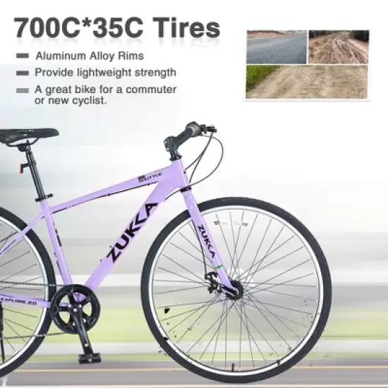 NAYSAYE Bicycle 7 Speed Hybrid Bike Aluminum Frame Double Disc Brakes for City Adventures, Purple, 64.57"*25.19"*37.79" image {3}