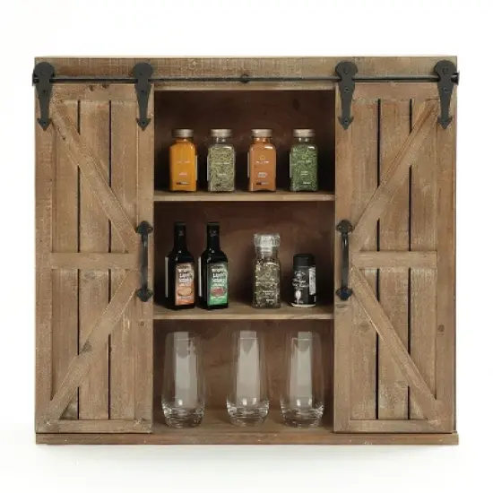 LuxenHome Farmhouse Wood Sliding 2-Door Wall Storage Cabinet image {4}