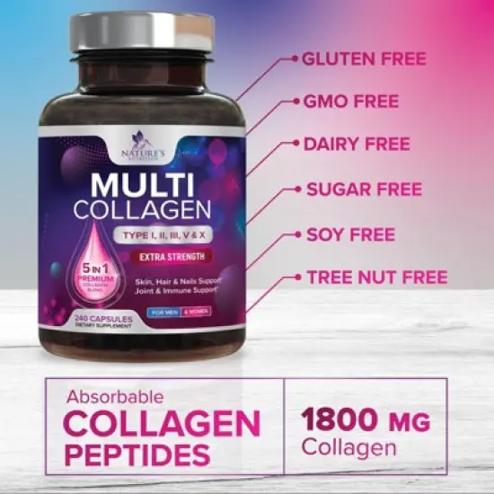 Multi Collagen Supplement, Type I, II, III, V, X Collagen Pills, Collagen Supplements, Hair, Skin, Nail & Joint - 240 Capsules By Nature's Nutrition image {5}