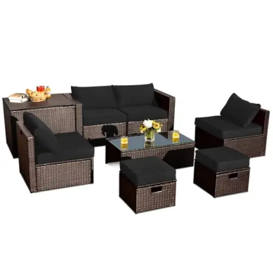 Costway 8PCS Patio Rattan Furniture Set  Space-Saving Storage Cushion Black\Turquoise\Navy cover image {1}