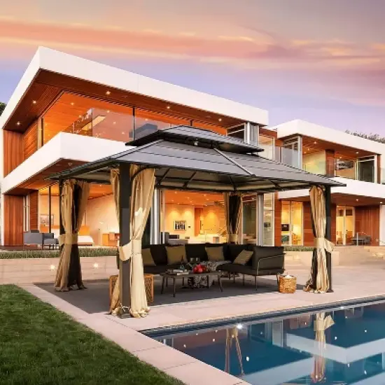 EROMMY 12 x 14 FT Iron Hardtop Gazebo, Double Waterproof Gazebo with Curtains and Netting image {5}