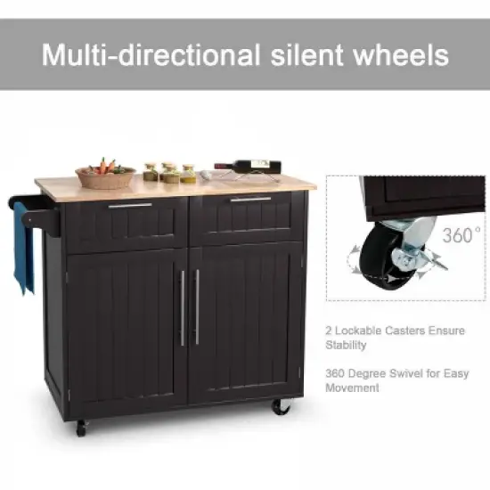 Costway Rolling Kitchen Cart Island Heavy Duty Storage Brown Trolley Cabinet Utility Modern image {3}