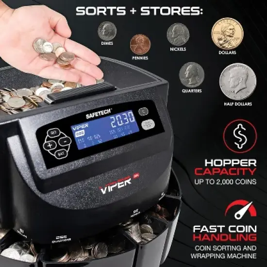 SafeTech Viper V395 Coin Counter, Sorter, and Wrapper, with 48 Preformed Wrappers and Dust Cover in Black image {1}