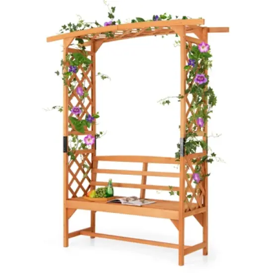 Tangkula Patio Arbor Garden Archway w/ Pergola Bench & Side Trellises for Climbing Plants Vines Grapes 2-Seat Wooden Outdoor Bench Backyard Decoration image {10}