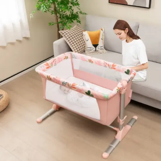 Infans Folding Baby Bassinet w/ 4 Adjustable Heights, Retractable Feet Pink image {4}