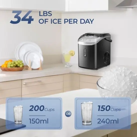 Simzlife Nugget Ice Maker Countertop, 34 Lbs/Day, Soft Chewable Pellet Ice, Self-Cleaning, One-Click Operation, 1.8 Lbs Storage Capacity, Black image {4}