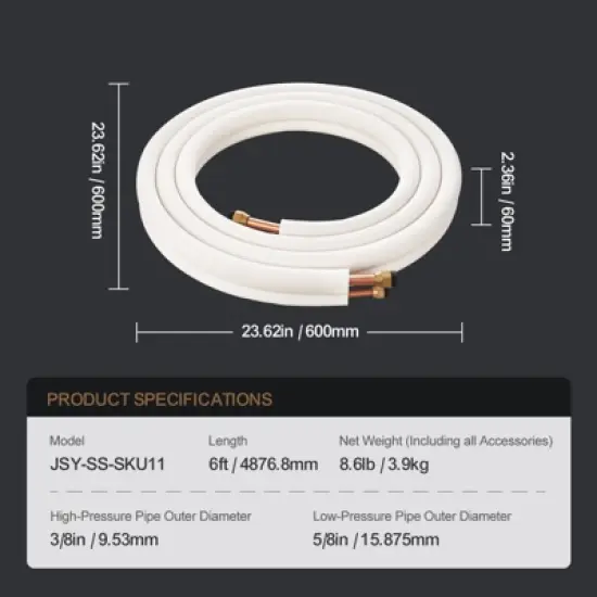 VEVOR 16FT Mini Split Line Set, 3/8" & 5/8" O.D Copper Pipes Tubing and Triple-Layer Insulation, for Air Conditioning, Black image {7}