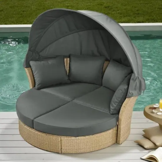 57" Outdoor Patio PE Rattan Round Daybed Sunbed with Retractable Canopy and 4 Pillows image {17}