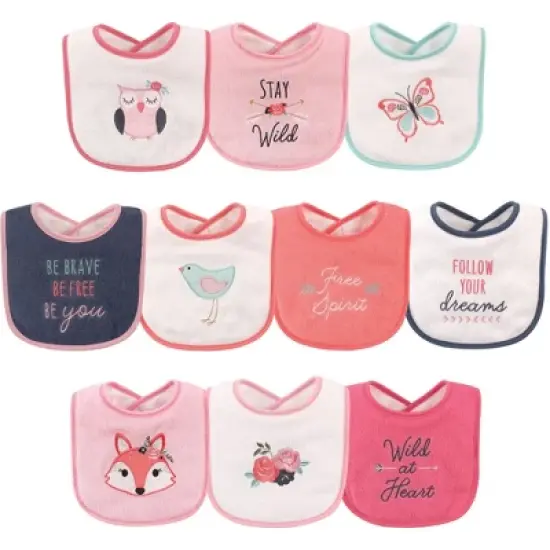 Hudson Baby Infant Girl Cotton Terry Drooler Bibs with Fiber Filling 10pk, Girl Fox, One Size image {1}