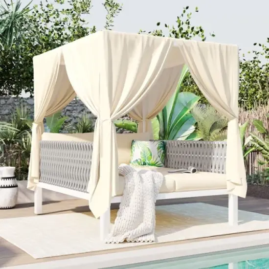 Modern Outdoor Patio Sunbed with Curtains for Multiple Scenarios, 2-Seater Padded Chaise Lounges 4M - ModernLuxe image {10}