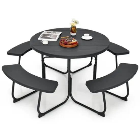 Costway Outdoor 8-person Round Picnic Table Bench Set with 4 Benches & Umbrella Hole Black/Grey/Green/White image {9}