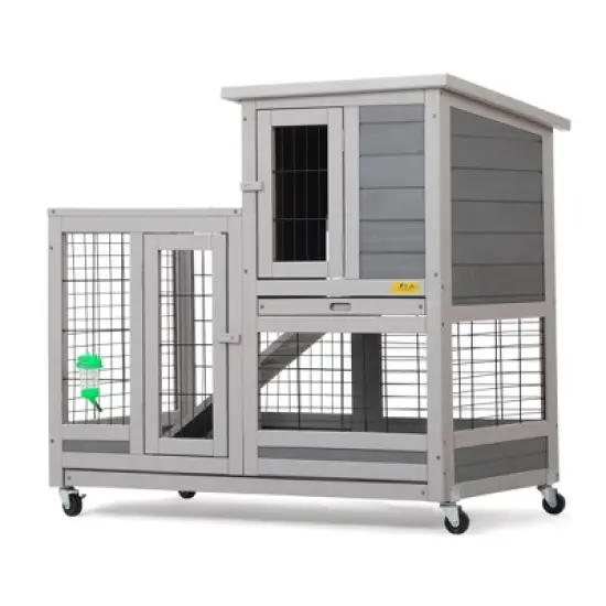 Sandinrayli Indoor Outdoor Rabbit Hutch on Wheels, Rolling Large Bunny Cage with Removable Tray, Ramp, Grey image {6}