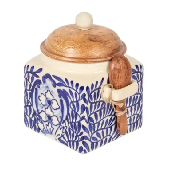 Storied Home Hand-Painted Stoneware Canister with Design, Acacia Wood Lid and Spoon, Cream, Blue and Natural image {9}