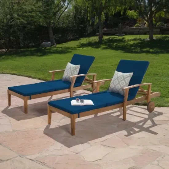 Christopher Knight Home Perla Outdoor Acacia Wood Armless Adjustable Chaise Lounge with Cushion (Set of 2) image {11}