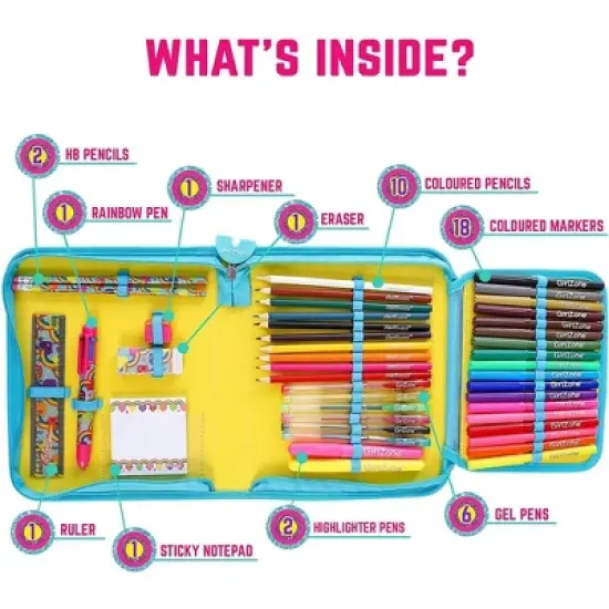 GirlZone 43-Piece Rainbow Stationery Set for Girls, Jumbo Rainbow Arts & Crafts Filled Stationery Pencil Case for Girls image {1}