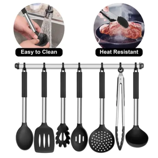 Itopfox 7-Piece Silicone Cooking Utensil Set with Stainless Steel Handles, Heat Resistant for Nonstick Cookware, Includes Ladle, Turner, Spoon\ image {5}
