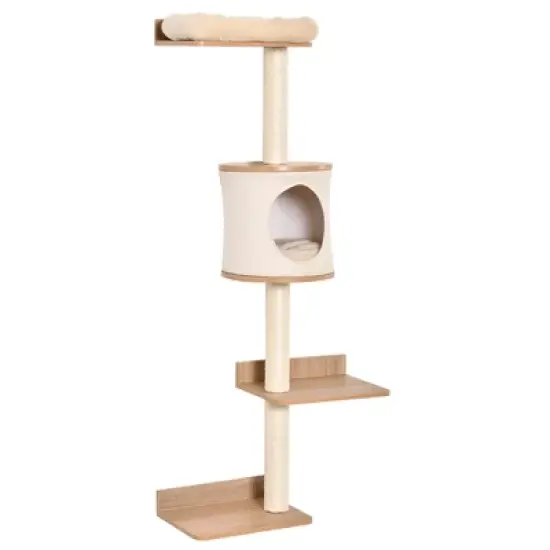 PawHut 4-Level Wall-Mounted Cat Tree Activity Tower, Wall Cat Shelves with Sisal Rope Scratching Posts, Cat Condo and Bed, Light Brown image {3}