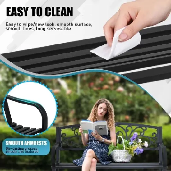 BestMassage Patio Garden Bench 50 Inch Sturdy Metal Loveseat Chairs, Black image {5}