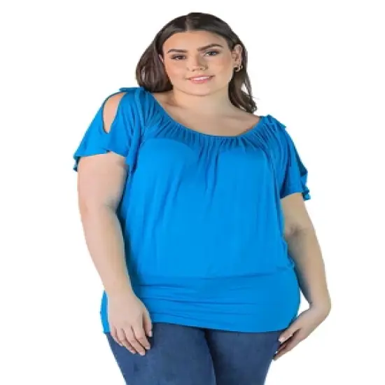 Women's Top with Short Sleeves and Split Shoulders in Solid Color Plus Size image {8}