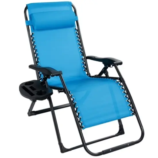 Tangkula Oversized Zero Gravity Lounge Chair Folding Recliner w/ Cup Holder & Pillow Blue image {5}