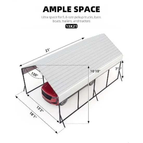 13'x21'x11' Heavy Duty Metal Carport - Oversized All-Weather Steel Shelter for Trucks, Boats, 600 Lbs Capacity, Permanent Outdoor Protection image {3}