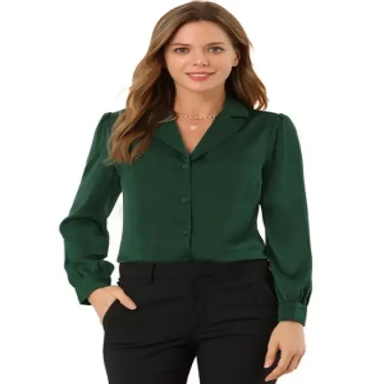 Allegra K Women's Elegant Collar V Neck Long Sleeve Work Office Satin Button Down Shirt image {6}