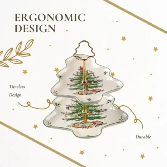 Spode Christmas Tree 2-Tiered Server, Tree-Shaped - Holiday Cupcake Stand, Dessert Display Set, Porcelain Serving Platter, 10" & 8", Dishwasher Safe image {5}