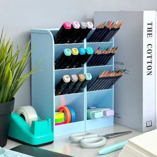 Wrapables Pen Organizer with 4 Compartments Desk Storage Organizer for Home, Office, Work, Large (2pcs) / Blue image {6}