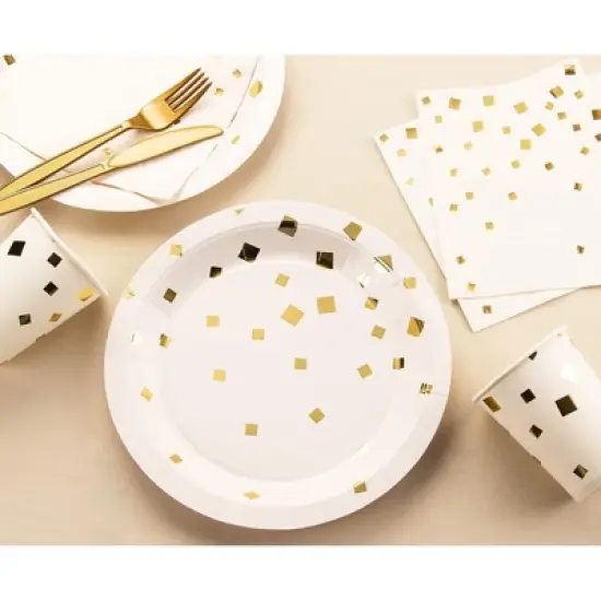 Juvale 48-Pack Gold Foil Square Confetti Disposable Paper Plates 9" Party Supplies image {1}