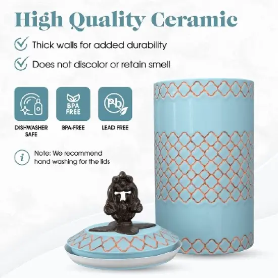 American Atelier 2-Piece Ceramic Canister Jars w/ Engraved Design & Airtight Stainless-Steel Lids For Sugar, Flour, Coffee & More, Blue image {9}