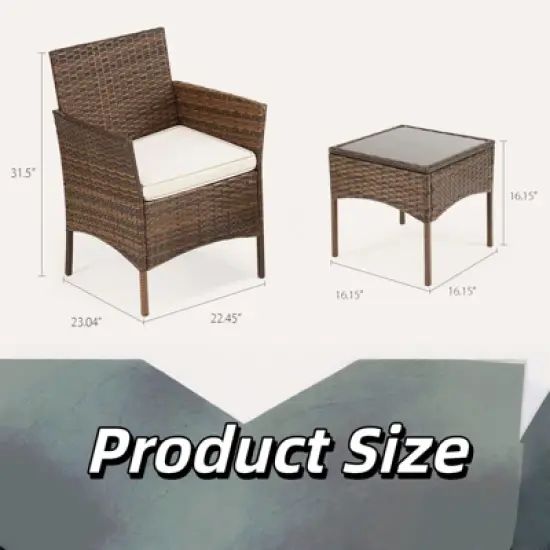 INFURNIC Patio Dining Sets Set 3 Pieces Patio Furniture, Outdoor with Glass Table, Wicker Rattan Patio Chair for Garden, Terrace, Brown, 23"*22"*31.4" image {2}